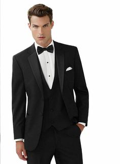 Color: Black
 	Jacket Lapels: Notch
 	Buttons: 2
 	Material: 100% Worsted Wool
 	Designer: Jean Yves Modern Tuxedo, Pocket Square Styles, Sock Suspenders, Black Tie Events, Formal Gloves, Vest And Tie, Wedding Black, Groomsmen Suits, Black Tuxedo