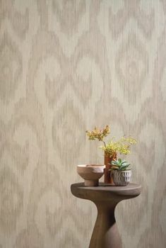 two potted plants sit on a table in front of a wallpapered background