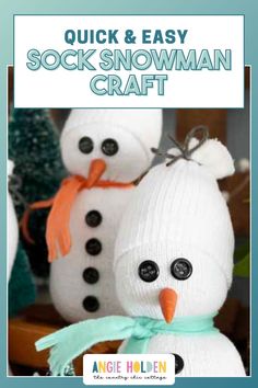 two snowmen are sitting next to each other with the words quick and easy sock snowman craft