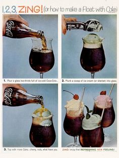 an advertisement showing how to make a float with coke