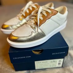 Great Conditionclassic Modern Sneaker With Real Leather. Lightweight, Grand Foam Midsole For Cushioning And Flexibility. Casual Gold Sneakers With Round Toe, Casual Gold Sneakers, Cole Haan Women, Cole Haan Shoes, Cole Haan, Womens Shoes Sneakers, Real Leather, Shoes Sneakers, Color White