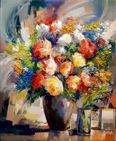 a painting of flowers in a vase on a table