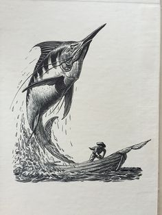 a drawing of a man in a boat with a fish on it's back