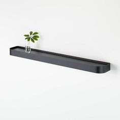 a black shelf with a plant in it and a white wall behind the shelf is an empty glass vase