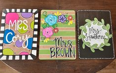 three notebooks are sitting on a table with the words, mrs and mr's brown