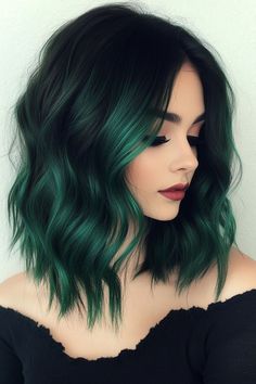 Vivid Hair Color Green, Forest Green Ombre Hair, Emerald Ombre Hair, Emerald Green And Blonde Hair, Green Tinted Hair, Black To Green Ombre Hair, Green Highlights Blonde Hair, Peekaboo Hair Color Green, Single Hair Color Ideas