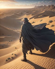 a man in the desert with a cape on his head is walking through sand dunes