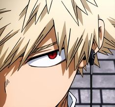 an anime character with blonde hair and red eyes is staring at something in front of him