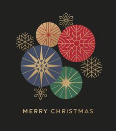 a christmas card with four circles and snowflakes on the front in gold, green, red and blue