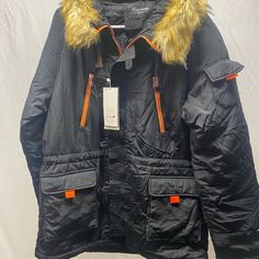 Nwt, Ruosen Elegance Coat, Fur Around Around Hood Is Detachable, Zips Up As Well As Buttons Up. Adjustable Cinch Waist, 4 Pockets On Front, One On Left Arm. Fitted Black Parka With Pockets, Orange Outerwear With Pockets For Cold Weather, Leather Riding Jacket, Mens Poncho, Men's Retro Style, Suede Biker Jacket, North Face Vest, Reflective Jacket, Motorcycle Jacket Mens