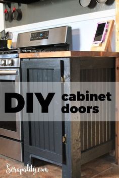 a kitchen island made out of wood and metal with the words diy cabinet doors over it