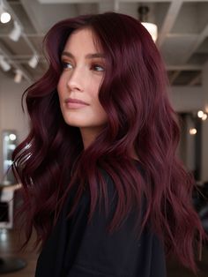 Plum Auburn Hair Color, Dark Purple Hair Highlights Brunettes, Bright Maroon Hair, Dark Cherry Burgundy Hair, Rich Burgundy Hair Color, Chocolate Wine Hair Color, Sangria Red Hair, Burgundy With Pink Money Piece, Cherry Cola Hair Color With Money Piece