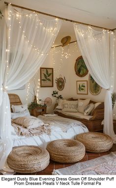 a bedroom with white drapes and lights on the ceiling, wicker baskets under the bed