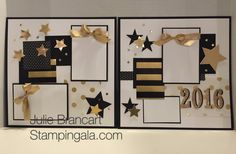 a close up of a card with gold stars and ribbons on the bottom, along with black and white background