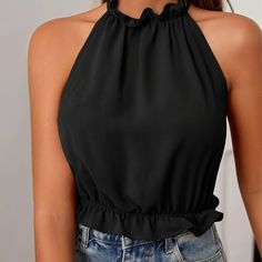 This Elegant Halter Neck Top Is A Sleeveless Top With A Tie Back. It Has Ruched Trim That Adds A Bit Of Flair To This Classic Top. Size Xl/12 Bust 39.8-42.2 Waist 31.9-34.3 Hips 41.8-44.1 Material: Polyester Patterned: Solid Color Applicable People: Adult Sheer: No Type: Shirting Seasons: Summer Care Instructions: Machine Wash, Do Not Dry Clean Fabric Elasticity: No Elasticity Printing Type: No Printing Weaving Method: Woven Collar Style: Strapless Preppy Prom, Trendy Business Casual, Business Formal Dress, Coachella Dress, Womens Halter Tops, Paris Mode, Dress Attire, Black Boho, Formal Dresses Gowns