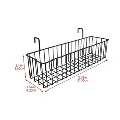 a wire basket with two handles and measurements for the bottom, one is shown in black