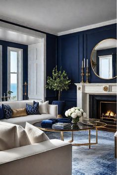 Stylish living room featuring navy and gold color scheme Dark Blue Living Room, Unique Furniture Pieces, Living Room Color Schemes, Dream Living, Curated Design, White Accents, Blue Walls, Making Room, Chic Decor