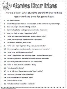 a printable question sheet with the words genius hour ideas