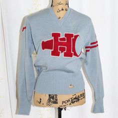 Vintage 1949 Kandel 100% Virgin Wool Pullover V-Neck Letterman Sweater Kandel Knitting Mills Portland, Or Powder Blue With Red Patches (H, Cheer Megaphone, Joyce, 49) Two Red Stripes On Left Sleeve Women's Size Xs/S (No Size Tag. Be Sure To Check Measurements.) Measurements: Armpit To Armpit (Laid Flat) 19.5" Waist (Laid Flat) 12" Arm Length (Armpit To Rolled Cuff) 17.5" Length (Back Of Collar To Bottom Of Sweater, Rolled) 20.5" Length (Back Of Collar To Bottom Of Sweater, Unrolled) 24" Burn Typ Letterman Sweaters, Cheer Megaphone, Red Patch, Wool Pullover, Sleeves (women), Powder Blue, Cheerleading, Portland, Sweater Outfits