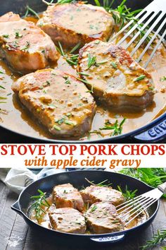 pork chops with apple cider gravy in a skillet