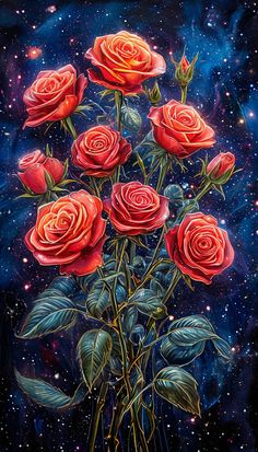 a painting of red roses in a glass vase on a blue and black background with stars