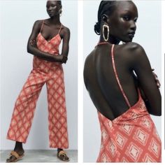 Easy, Breezy Woven Cotton Printed Jumpsuit In Terracotta Color. V-Neckline. Hidden Back Zip. Open Back . Delicate Straps With Button Closure At Back 100% Cotton Check Last 2 Pics (Stitch It’s Getting Loose) Zara V-neck Jumpsuits And Rompers For Loungewear, Zara Fitted Summer Jumpsuits And Rompers, Zara Fitted Jumpsuits And Rompers For Beach, Sleeveless Beach Jumpsuits And Rompers By Zara, Zara Summer Jumpsuits And Rompers For Vacation, Zara Jumpsuits And Rompers For Beach, Summer Fitted Zara Jumpsuits And Rompers, Zara Jumpsuits And Rompers For Summer Vacation, Sleeveless Zara Jumpsuits And Rompers For Vacation