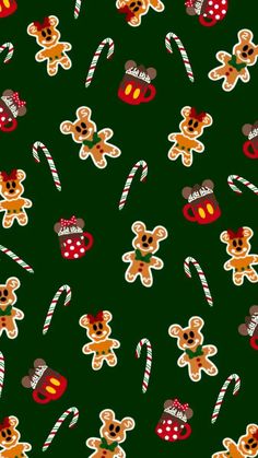 a christmas pattern with teddy bears, candy canes and candies on a green background