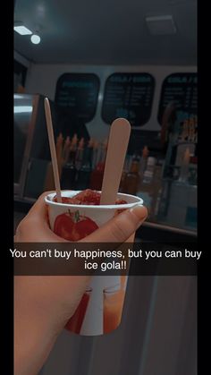 someone holding up a cup with popsicles in it that says you can't buy happiness, but you can buy ice goal