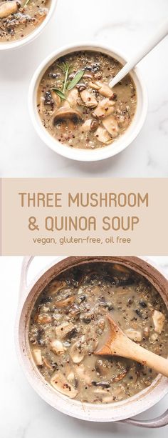 two bowls of mushroom and quinoa soup with a wooden spoon