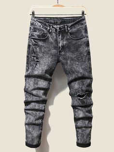 Dark Grey    Denim Plain Skinny Embellished Slight Stretch  Men Denim Outfit Drill, Mens Stretch Jeans, Pants Outfit Men, Torn Jeans, Ripped Jeans Men, Stylish Men Casual, Jeans Y2k, Cool Outfits For Men, Mens Pants Fashion