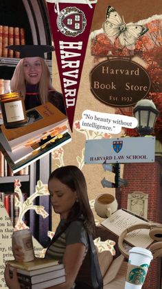 a collage of books, coffee cups, and an advertisement for harvard book store