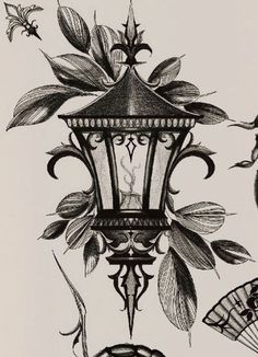 a drawing of a lamp post with flowers and leaves on it, next to a fan