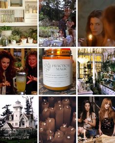 many different pictures with people in them and some candles on the table, one woman is holding