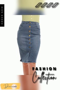 Fashion Women's Fashion Denim Skirt Summer Button Design Split Front Skirts Denim Blue High Waist Skirt With Button Closure, High Waist Denim Blue Skirt With Button Closure, Denim Blue Button Skirt For Summer, Summer Denim Blue Skirt With Buttons, Trendy Fitted Denim Skirt With Button Closure, Fitted Denim Skirt With Button Closure For Summer, High Rise Buttoned Skirt For Summer, Summer Medium Wash Skirt With Button Closure, Trendy Denim Blue Skirt With Button Zip Fly