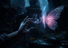 a person's hand reaching out to a butterfly in the dark with light coming from its wings