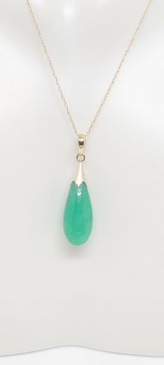 "Green Jade Teardrop Pendant Solid 14k Yellow Gold 18 inches ROPE chain or Pendant ONLY. Green Jade Lover Pendant. -Classic design in this beautiful teardrop Green Jade (30x6 mm) pendant / Necklace in 14k ROPE chain with spring ring clasp. Approximate length: 18\". -Jade is the most admired gemstone by the Chinese. They consider it a symbol of the five virtues, which are modesty, courage, justice, wisdom, and compassion. These virtues are often carved into Jade stones. Jade birthstones are quite Yellow Gold Drop Necklaces For May Birthstone, Yellow Gold Drop Necklace For May Birthstone, Jade Teardrop Necklace, Jade Gemstone Round Pendant Necklace, Green Jade Teardrop Pendant Jewelry, Luxury Jade Pendant Necklace, Nature-inspired Jade Pendant Necklace, Purple Stones, Jade Stone