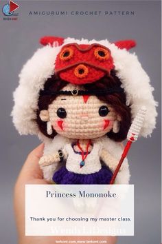 a crocheted doll is holding a sign that says princess monoloke thank you for choosing my master class