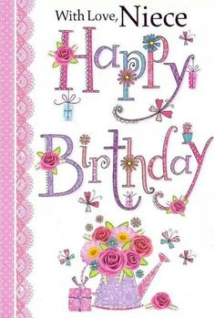 a happy birthday card with pink flowers and a watering can on it's side