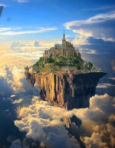 an island in the sky with clouds surrounding it and a castle on top that is surrounded by buildings