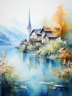 an oil painting of a church by the water