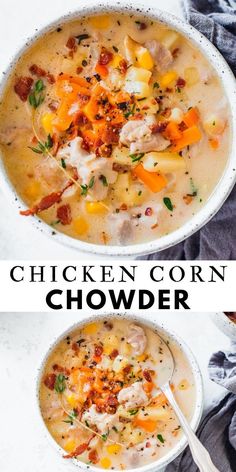 chicken corn chowder in a white bowl with a spoon on the side and an image of