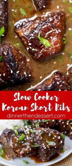 slow cooker korean short ribs on a plate with sauce and garnishes