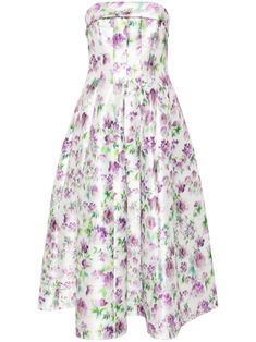 white purple green duchess satin weave all-over floral print bustier-style neckline strapless folded edge pleat detailing two side inset pockets internal logo tag partial lining straight hem concealed rear hook and zip fastening Midi Dress White, Strapless Bustier, Duchess Satin, Lorenzo Serafini, Floral Print Midi Dress, Logo Tag, White Midi Dress, Purple Green, Day Dresses