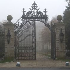 an iron gate is open on a foggy day