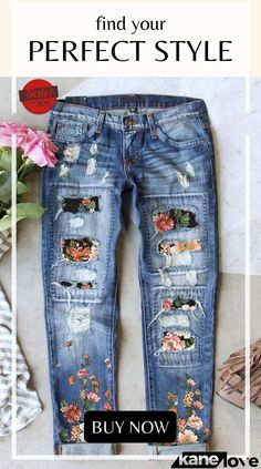 Flowers Printed Patch Ripped Boyfriend Denim Jeans Trendy Denim Jeans With Floral Print, Spring Denim Blue Jeans With Zipper Closure, Casual Denim Blue Floral Print Jeans, Casual Floral Print Denim Blue Jeans, Dark Wash Jeans With Zipper Closure For Spring, Jean Sewing, Upcycle Clothing, Jeans Ideas, Boyfriend Denim