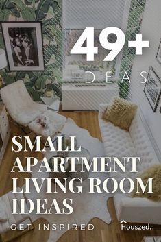 a small apartment living room with green wallpaper and wood flooring is featured in this ad