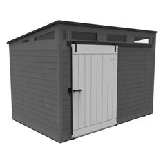 a gray and white shed with the door open on an isolated white background, 3d rendering