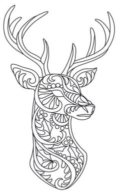 the head of a deer with intricate patterns on it's antlers, drawn in black and white