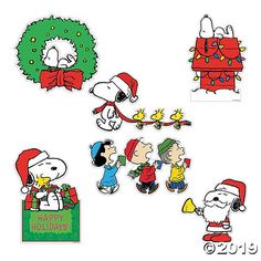 the peanuts christmas stickers are arranged in different shapes and sizes, including one with a wreath