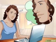 a woman sitting in front of a laptop computer next to another woman with speech bubbles above her head